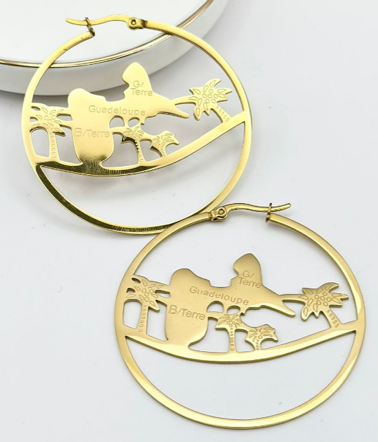 Boucle D'oreille métal Carte et cocotier Couleur Or