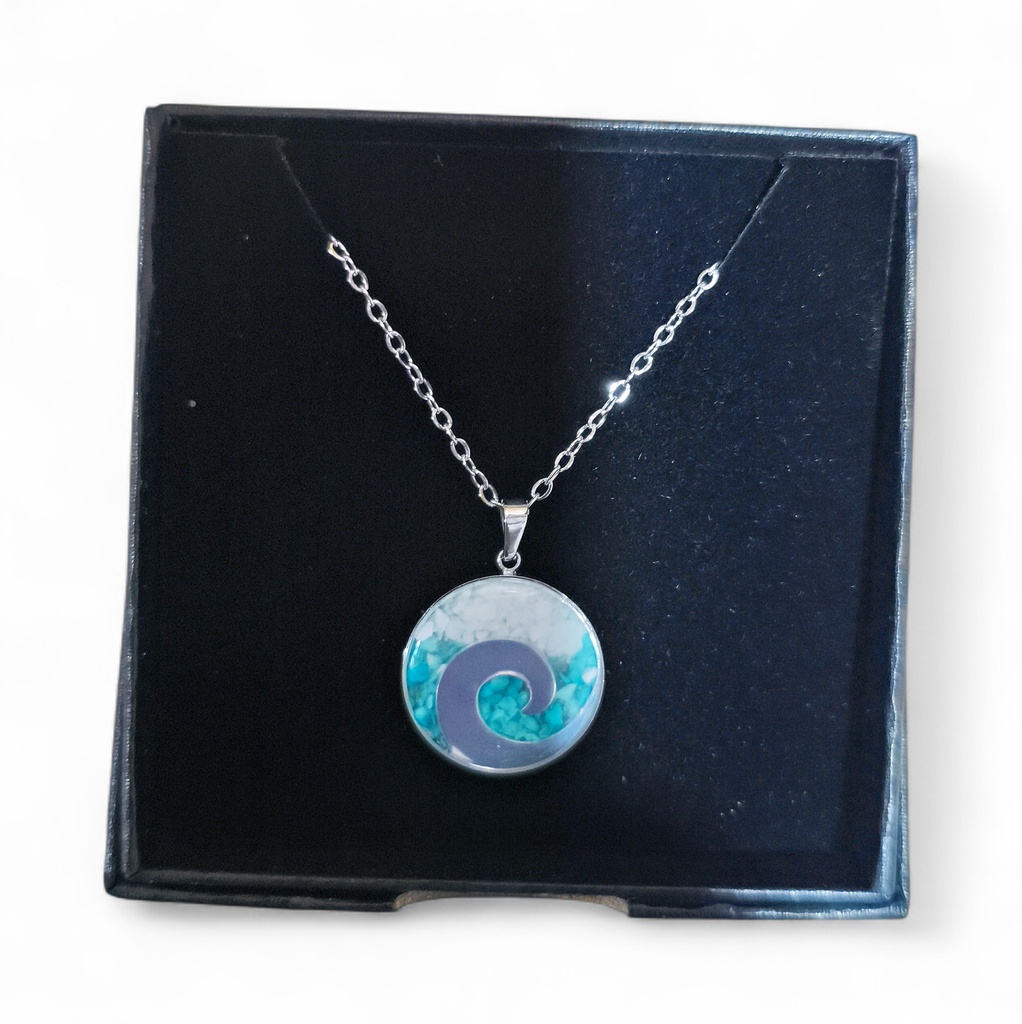 Collier Acier inoxydable Sodalite rond motif vague sable vert turquoise