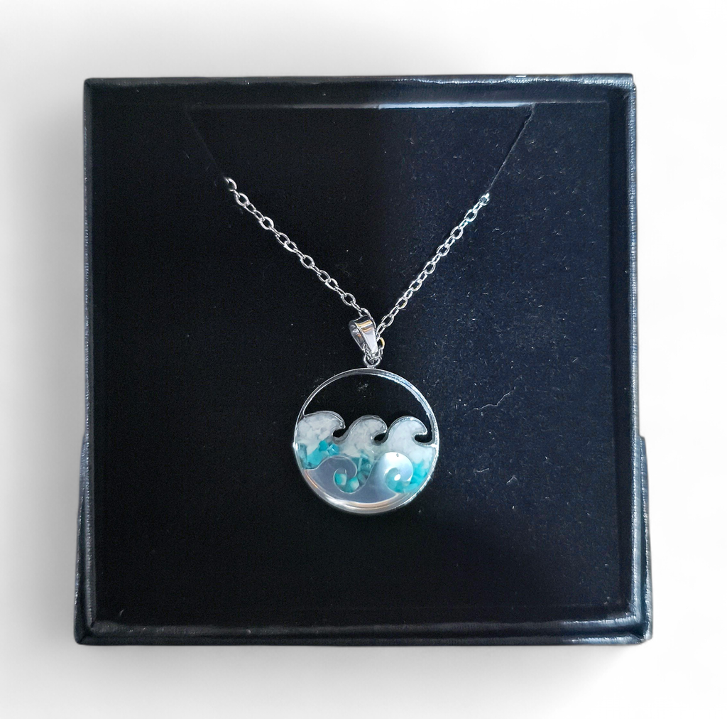 Collier Acier inoxydable Sodalite rond ajouré double vague sable vert turquoise