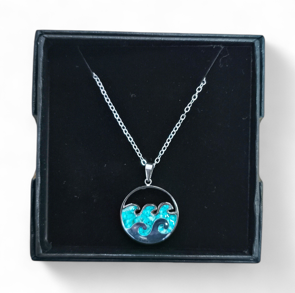 Collier Acier inoxydable Sodalite rond ajouré double vague sable bleu turquoise