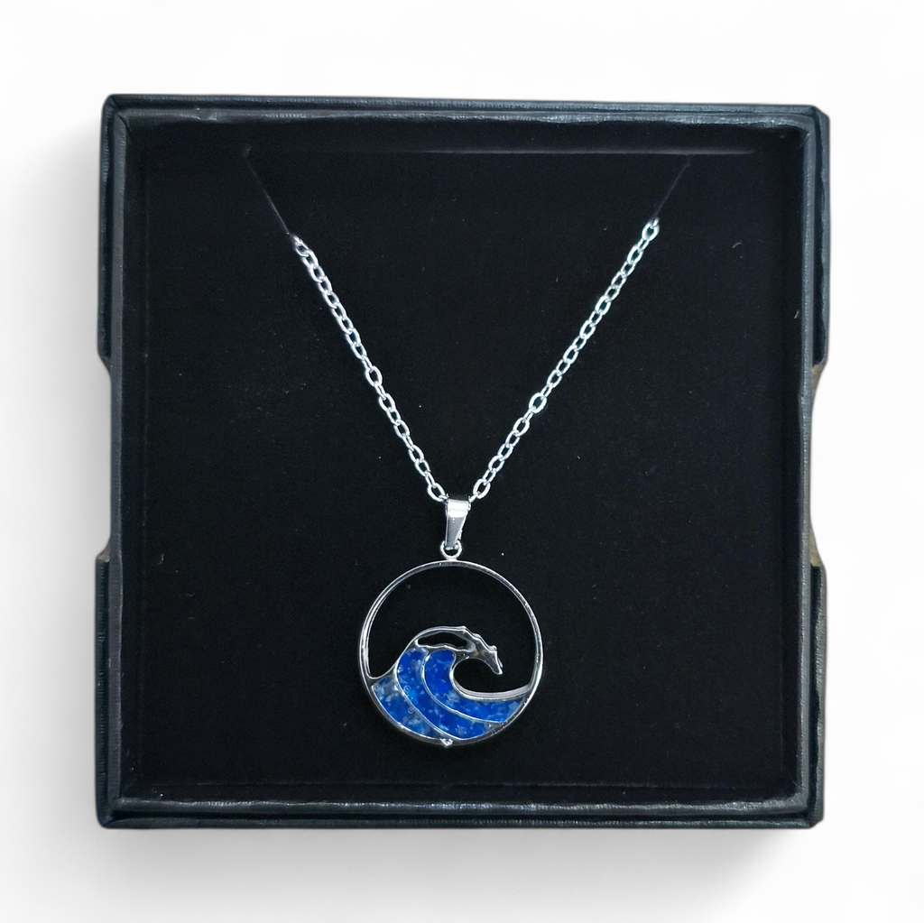 Collier Acier inoxydable Sodalite rond ajouré vague déferlante sable bleu 
