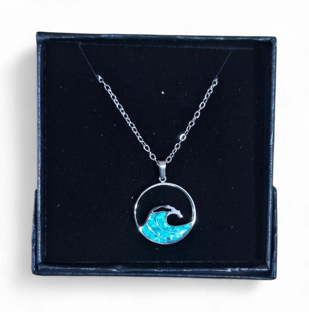 Collier Acier inoxydable Sodalite rond ajouré vague déferlante sable vert turquoise