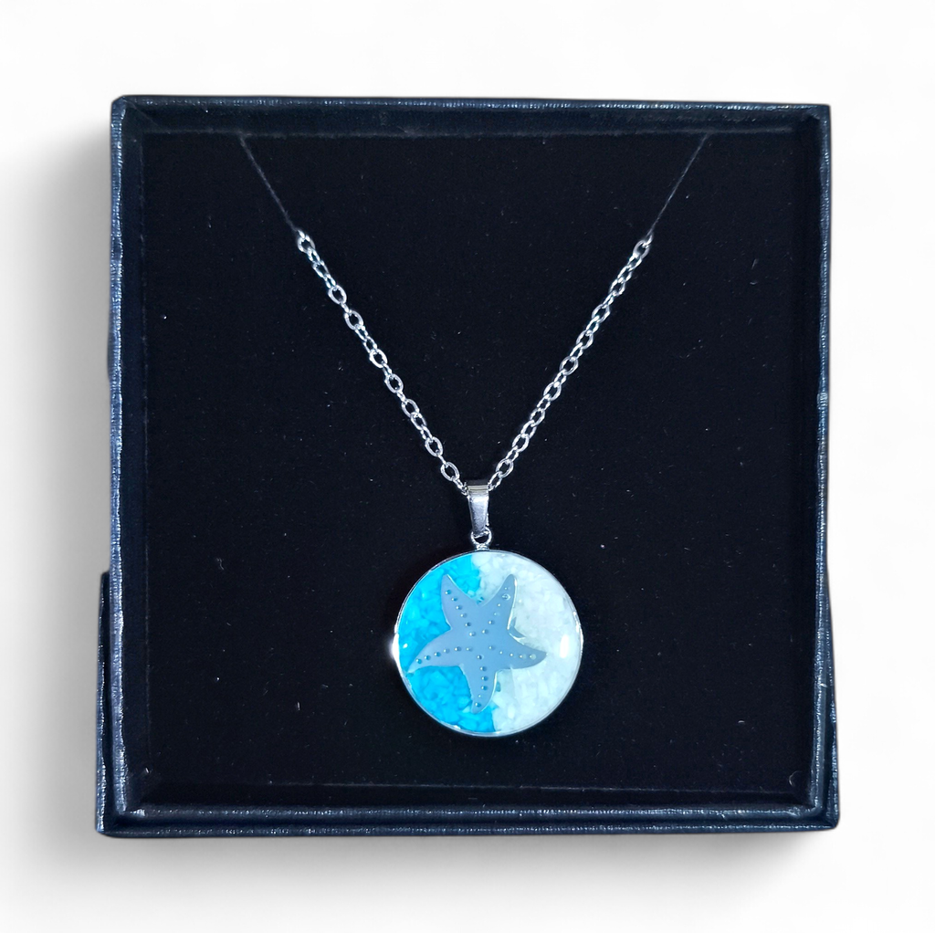 Collier Acier inoxydable Sodalite rond Etoile de mer sable bleu turquoise