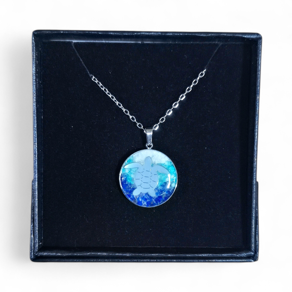 Collier Acier inoxydable Sodalite rond Tortue sable bleu turquoise