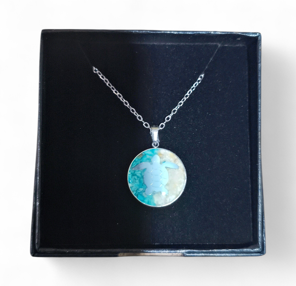 Collier Acier inoxydable Sodalite rond Tortue sable vert turquoise 
