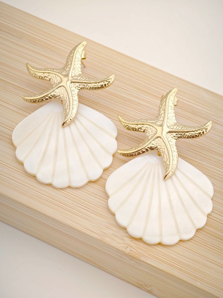 Boucle D'oreille inoxydable coquillage nacre plus étoile de mer dorée