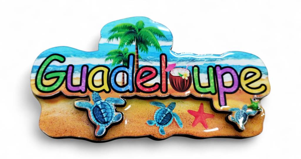 Magnet MDF - Bébé tortue sur la plage avec cocotier et inscription