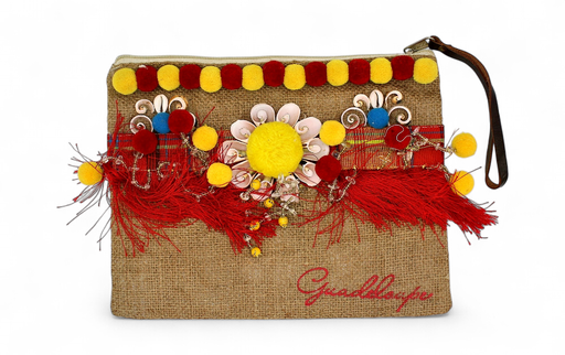 [99149] Pochette Jute Madras Pompoms Coquillage