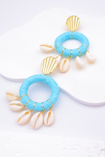 [22021] Boucle D'oreille inoxydable raphia couleur plus 3 cauris