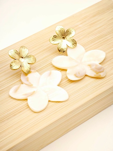 [22044] Boucle D'oreille inoxydable fleur doré plus fleur nacre